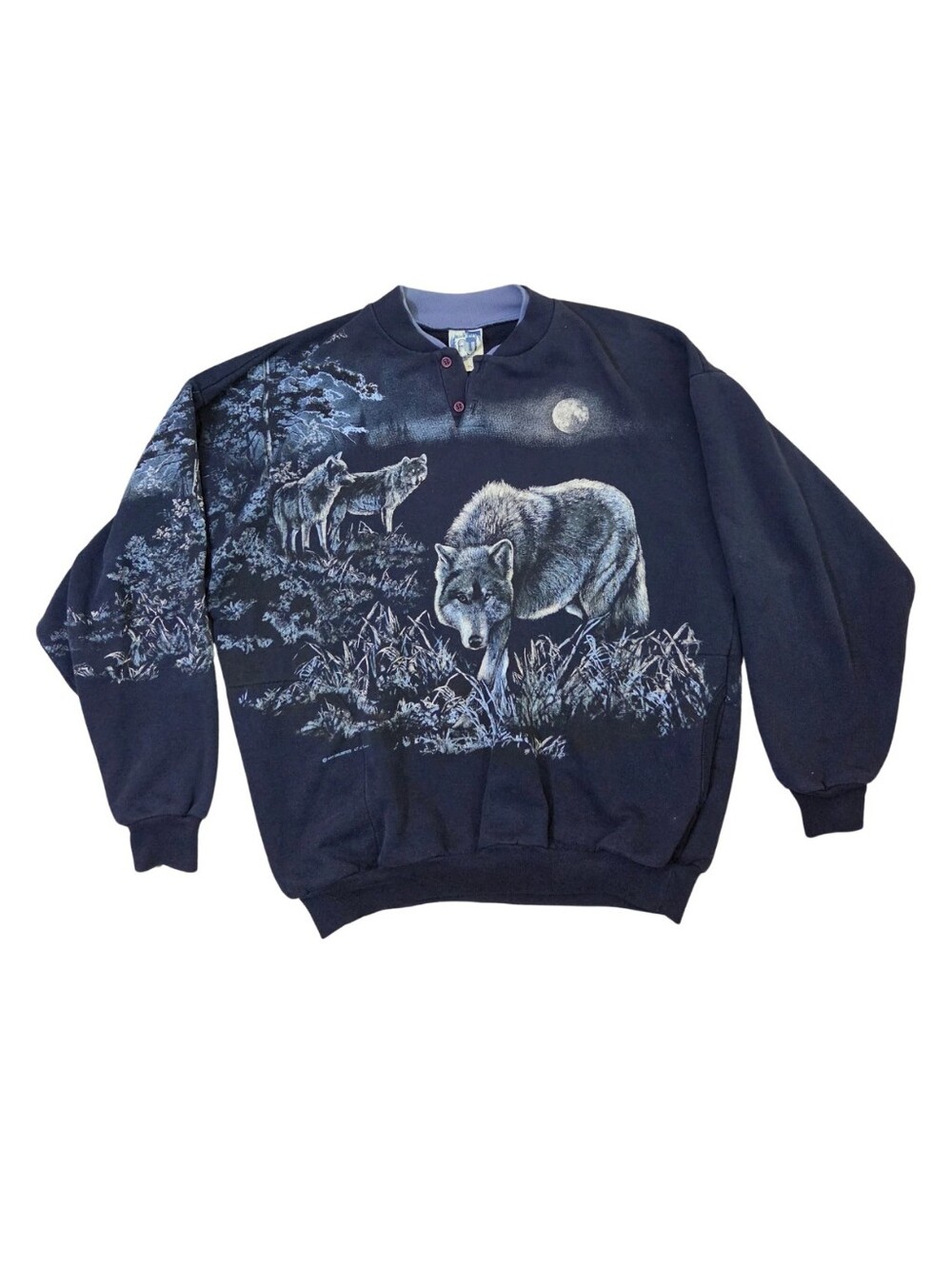 Vintage Art Unlimited AOP Wolf Crewneck Sweatshirt Size XL Blue Cabin Lodgecore